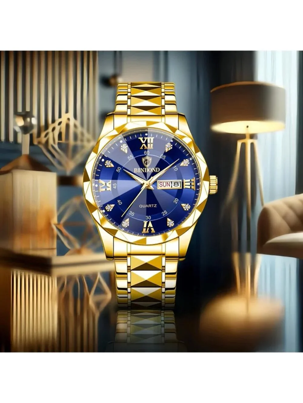 Mens Gold And Blue Analog Stainless Steel Roman Numeral Diamond Waterproof Watch
